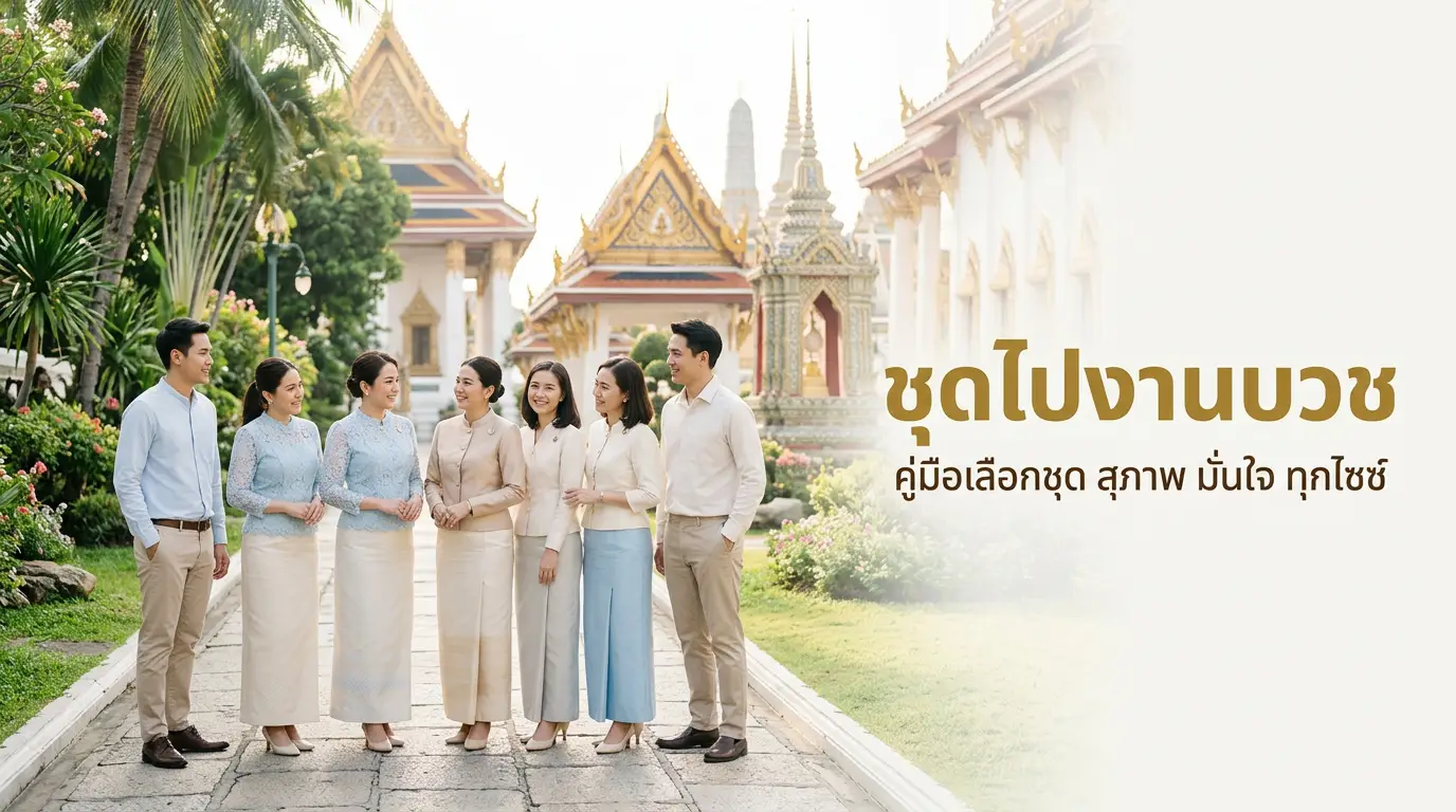 กลุ่มแขกแต่งกายสุภาพในงานบวชพระไทย ใส่ชุดไทยและเสื้อผ้าโทนอ่อนหน้าโบสถ์